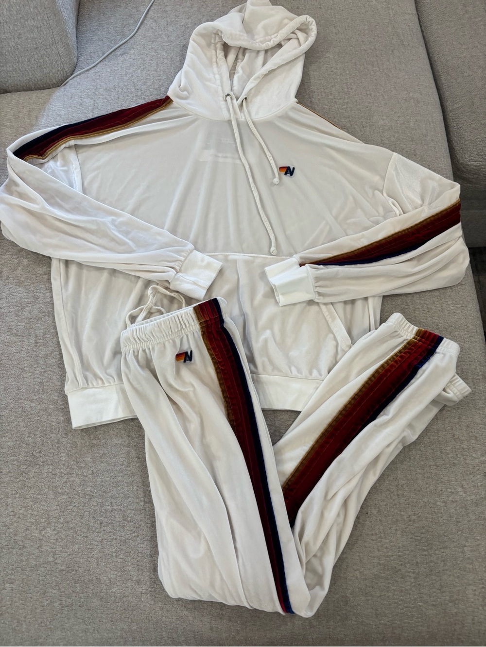 Aviator Nation White Hoodie & Joggers with Multicolor Side Stripes
